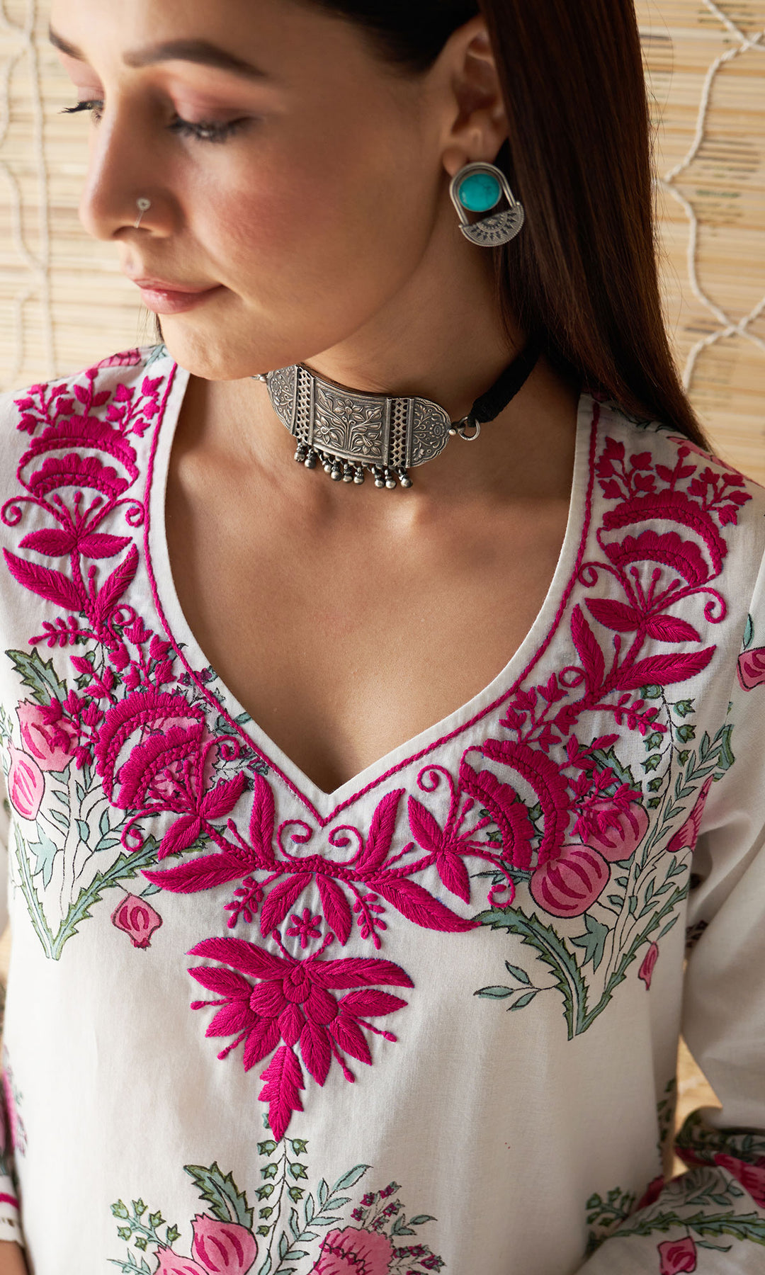 Kapaas rani pink chikankari block printed kurta with palazzo and dupatta (set of 3)