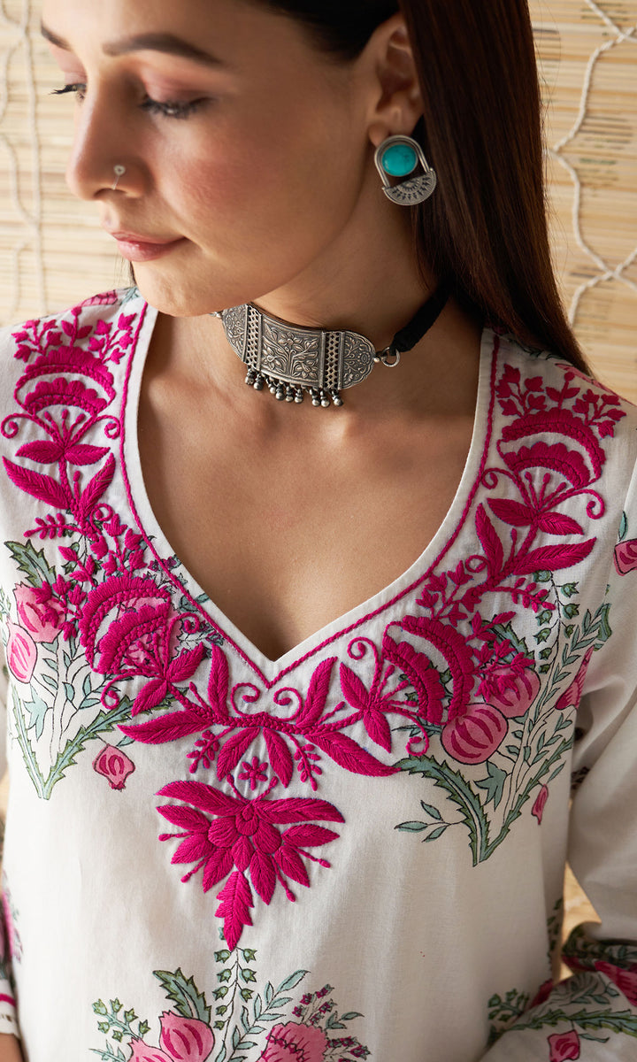 Kapaas rani pink chikankari block printed kurta with palazzo and dupatta (set of 3)