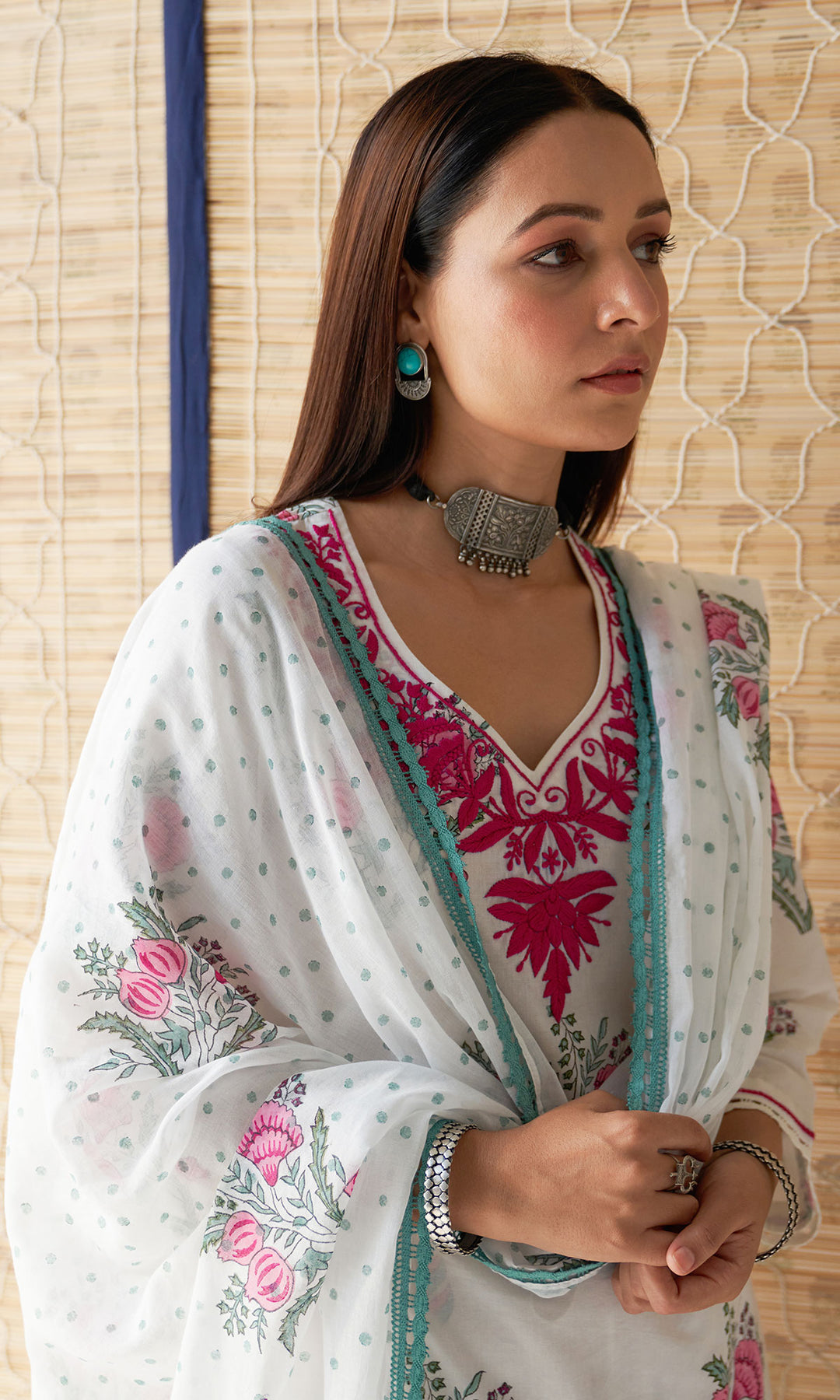 Kapaas rani pink chikankari block printed kurta with palazzo and dupatta (set of 3)