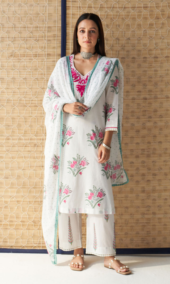 Kapaas rani pink chikankari block printed kurta with palazzo and dupatta (set of 3)