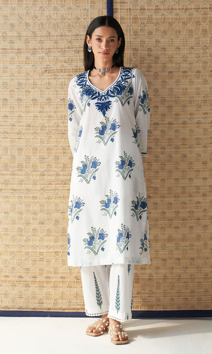 Kapaas blue chikankari block printed kurta with palazzo and dupatta (set of 3)