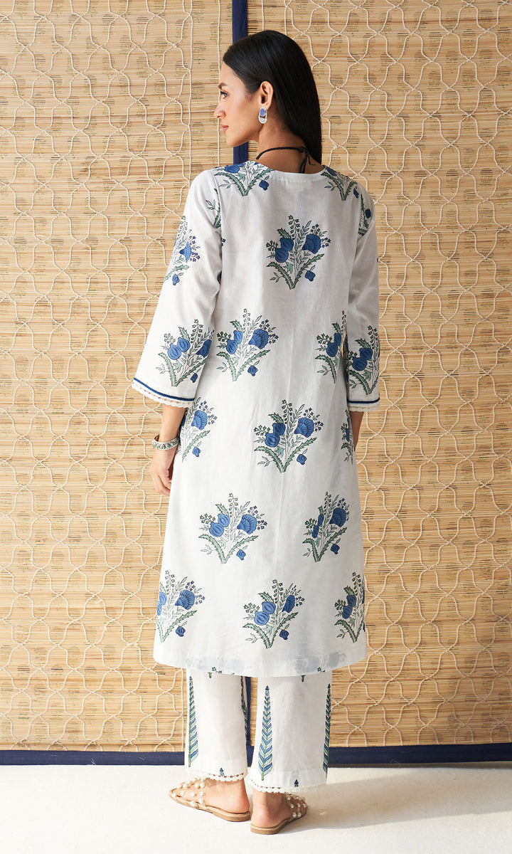 Kapaas blue chikankari block printed kurta with palazzo and dupatta (set of 3)