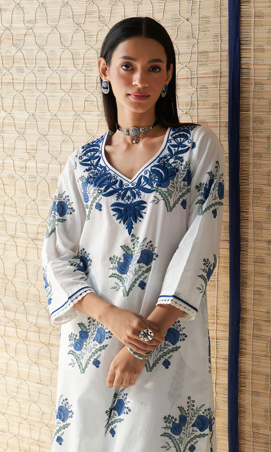 Kapaas blue chikankari block printed kurta with palazzo and dupatta (set of 3)