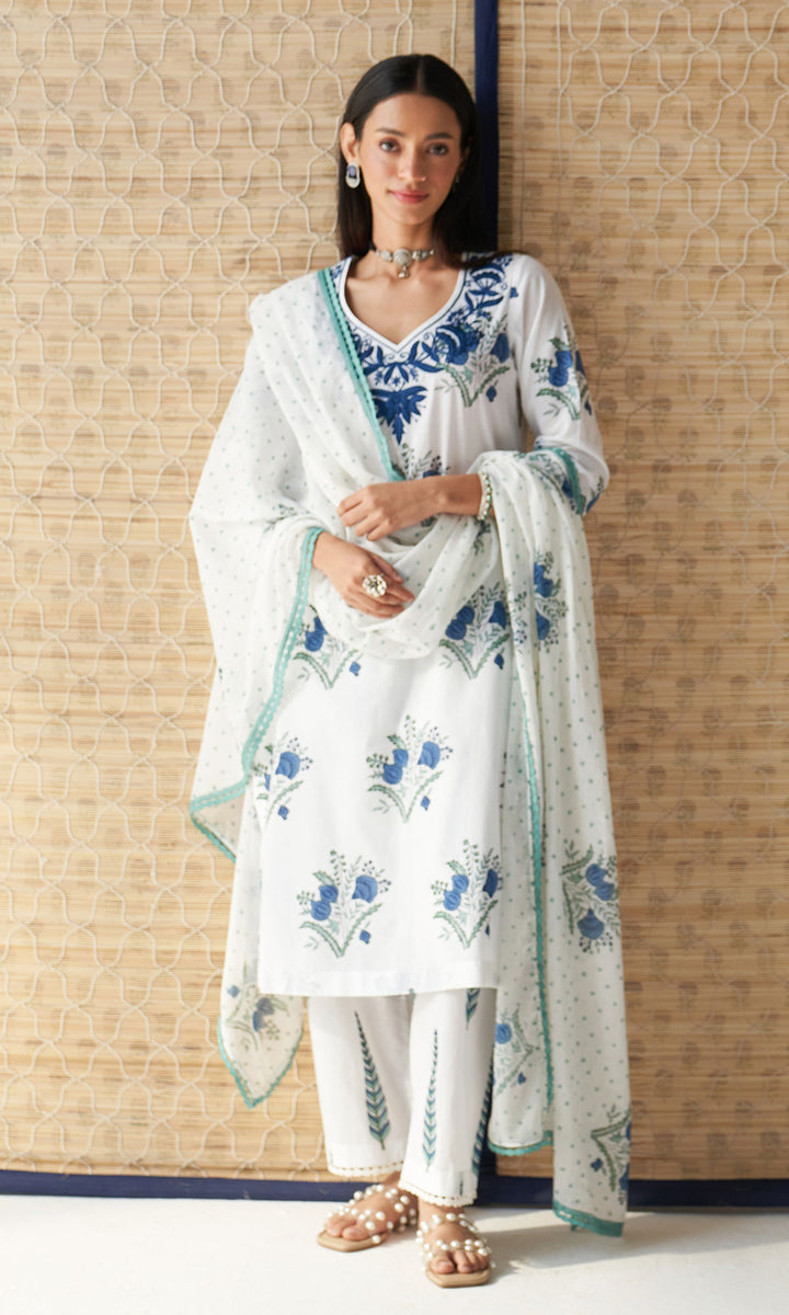 Kapaas blue chikankari block printed kurta with palazzo and dupatta (set of 3)