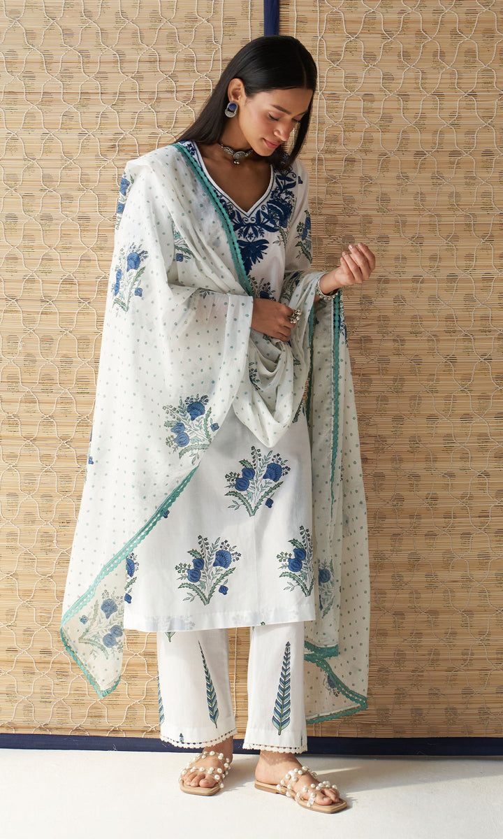 Kapaas blue chikankari block printed kurta with palazzo and dupatta (set of 3)