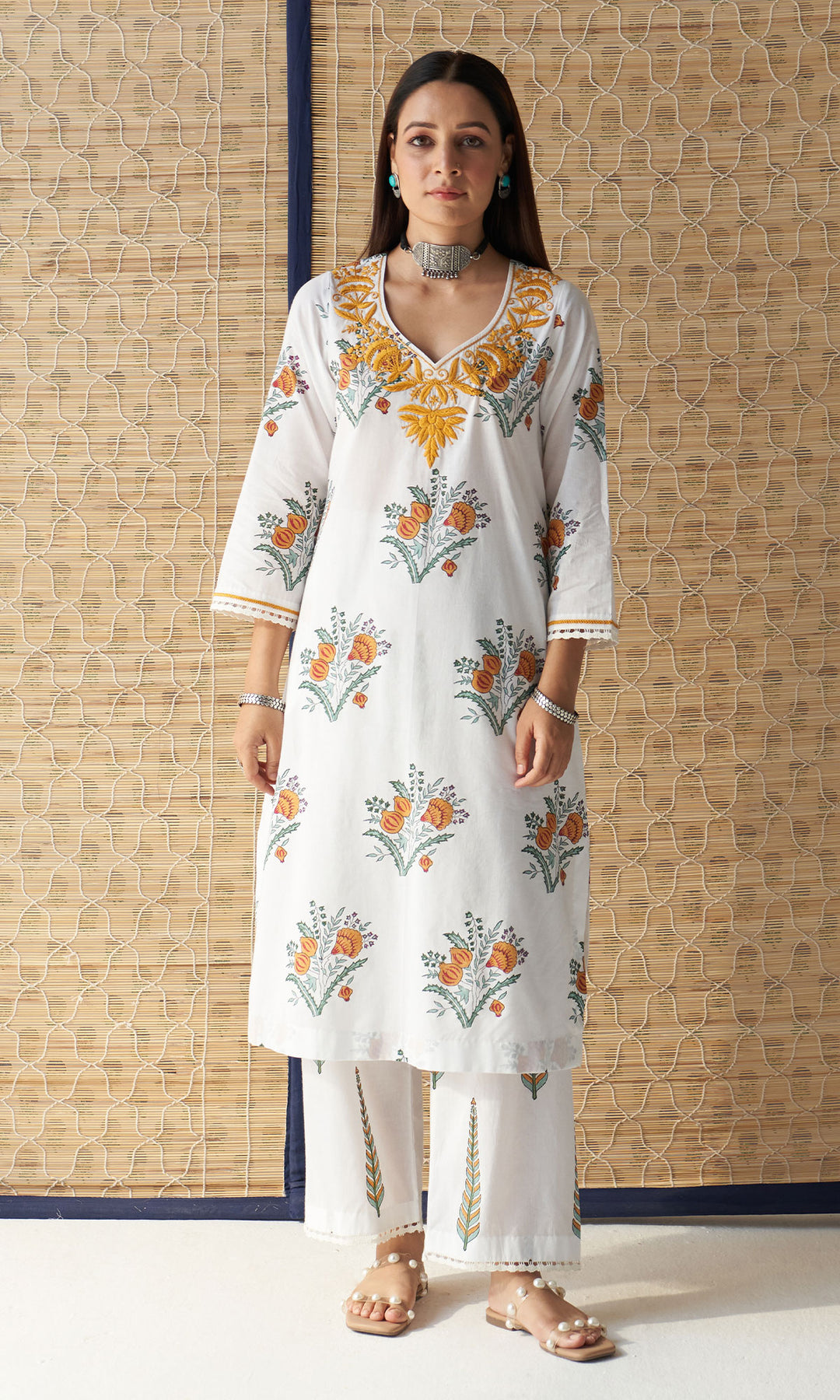 Kapaas mustard chikankari block printed kurta with palazzo and dupatta (set of 3)