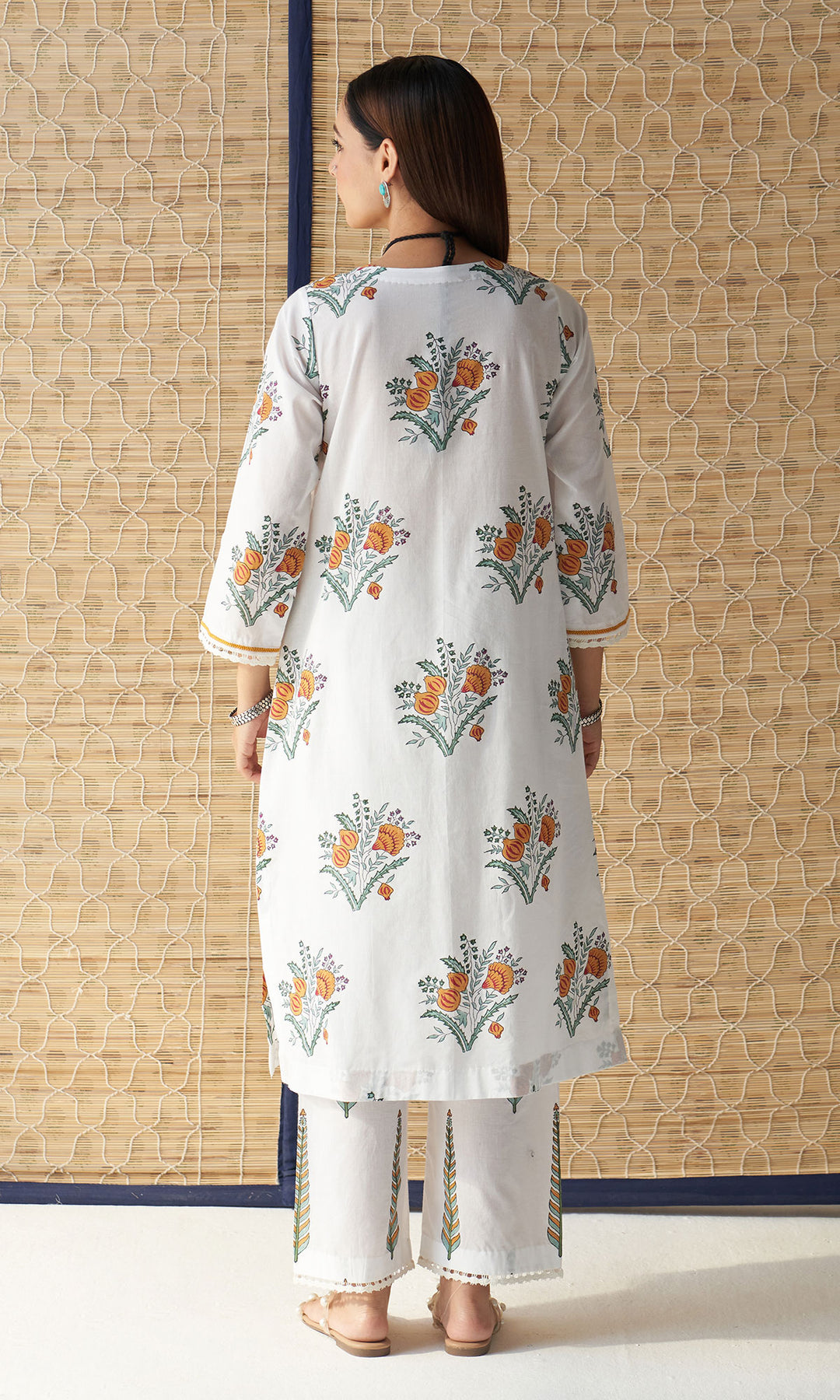 Kapaas mustard chikankari block printed kurta with palazzo and dupatta (set of 3)