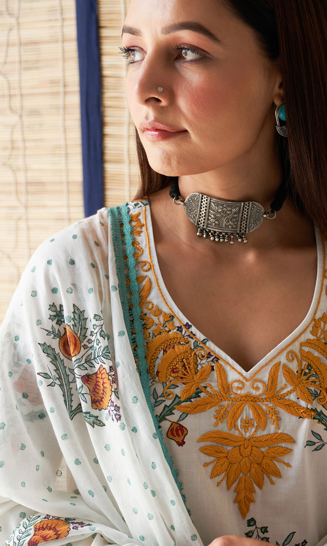 Kapaas mustard chikankari block printed kurta with palazzo and dupatta (set of 3)