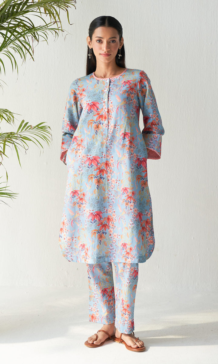 Layla Florals Linen Blue Co-ord (Set of 2)