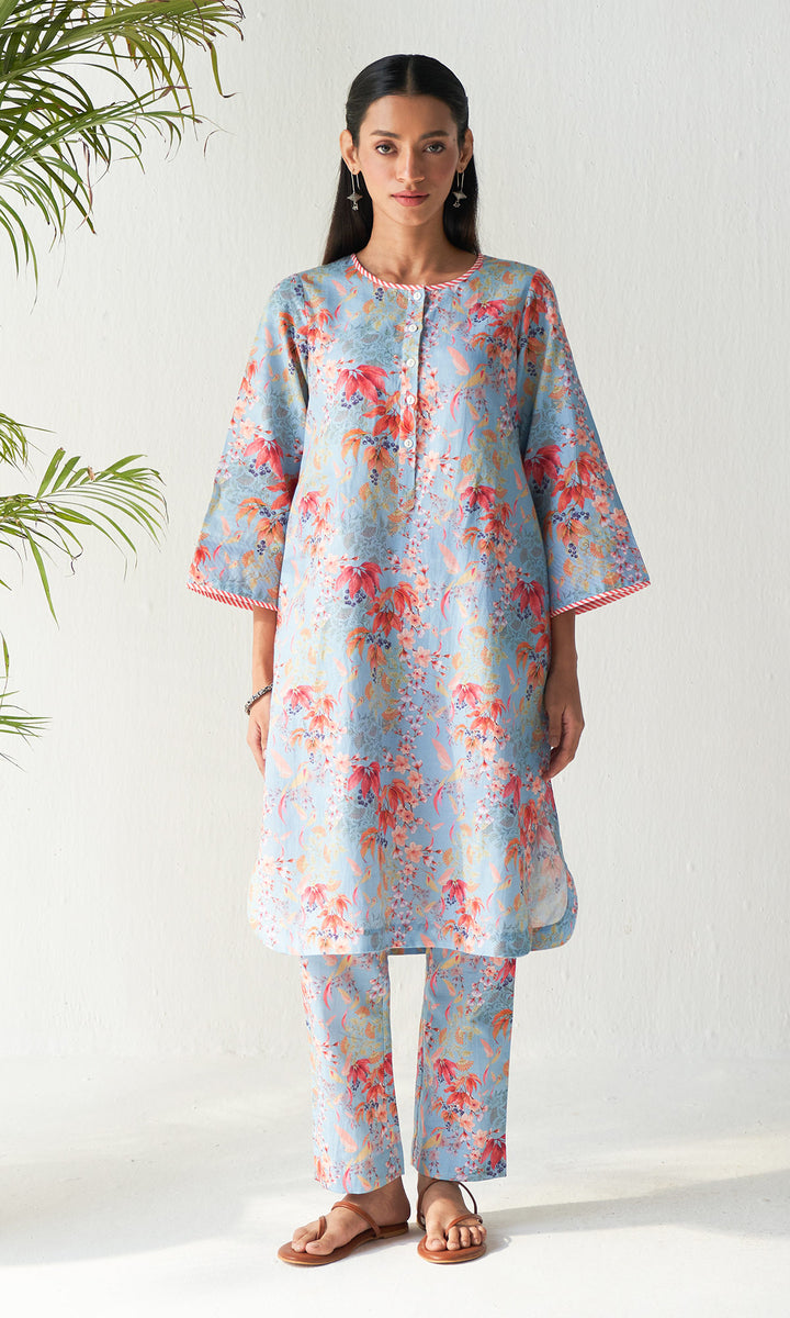 Layla Florals Linen Blue Co-ord (Set of 2)