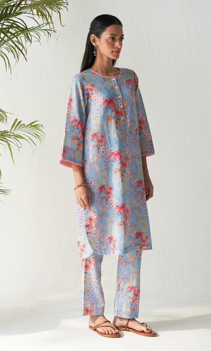 Layla Florals Linen Blue Co-ord (Set of 2)