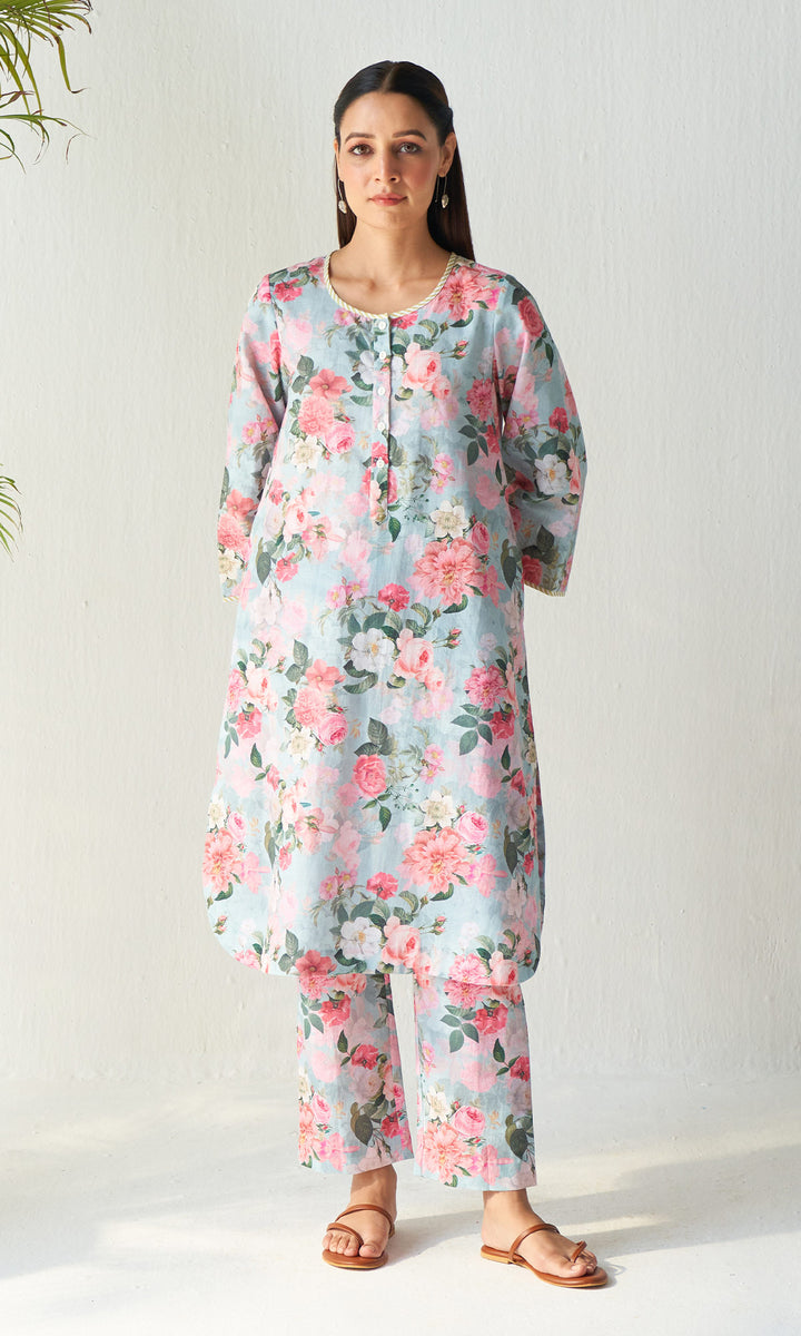 Layla Florals Linen Turquoise Co-Ord (set of 2)