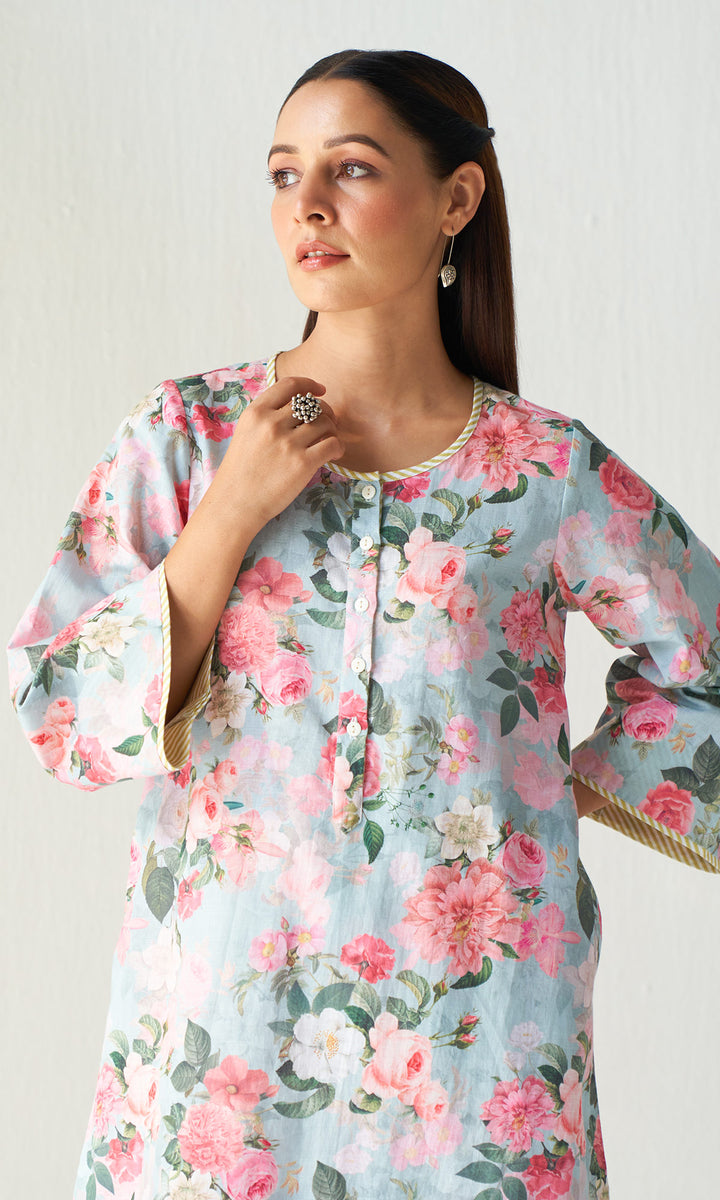 Layla Florals Linen Turquoise Co-Ord (set of 2)