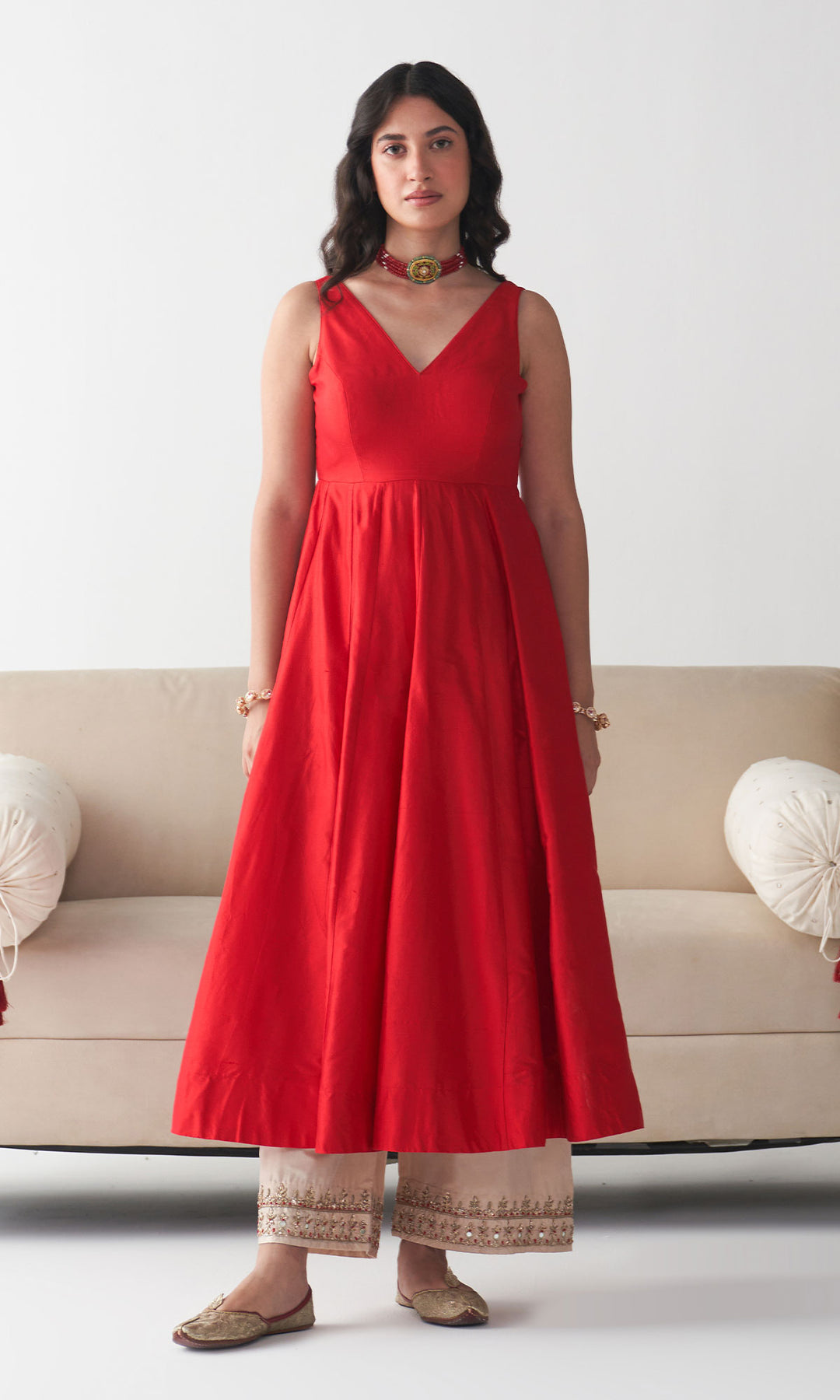 Ishq Raw Silk Red Anarkali with Beige Palazzo and Turquoise Hand Embroidered Dupatta (set of 3)