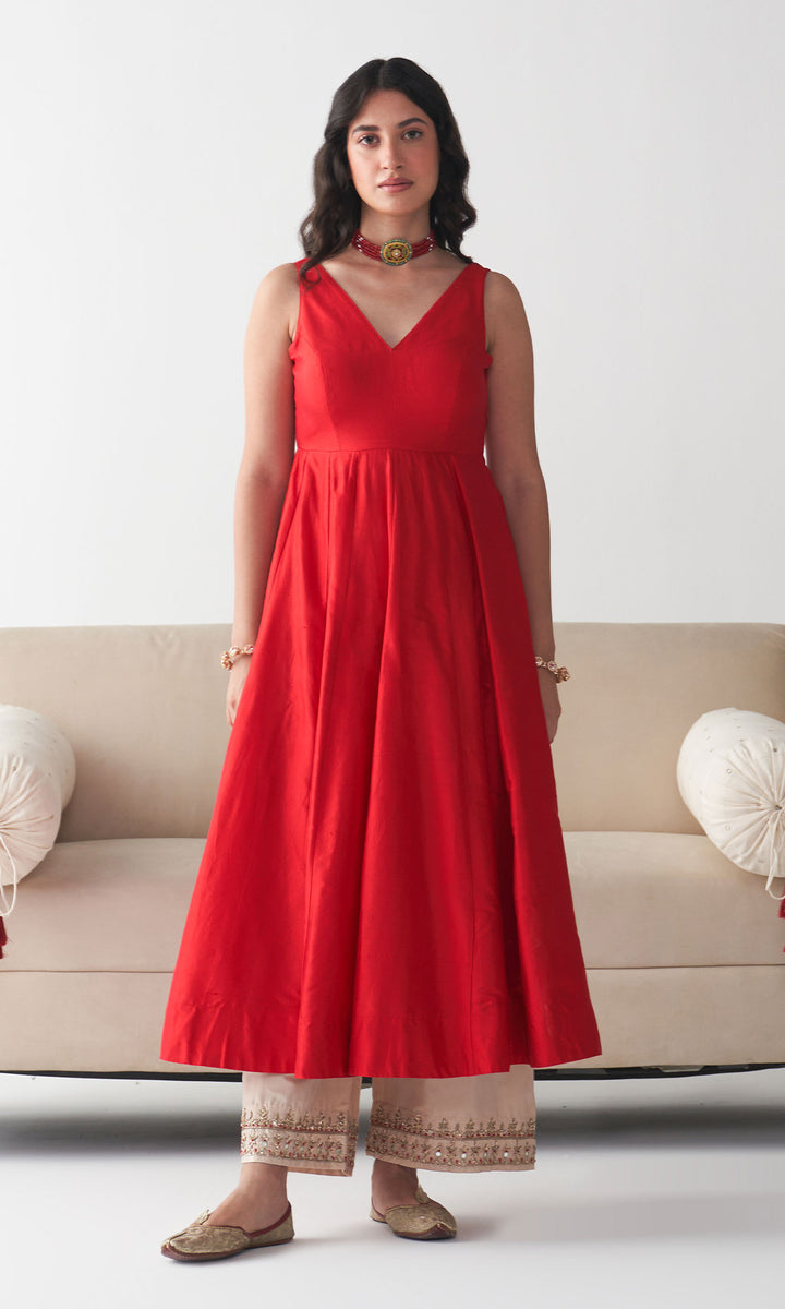 Ishq Raw Silk Red Anarkali with Beige Palazzo and Turquoise Hand Embroidered Dupatta (set of 3)