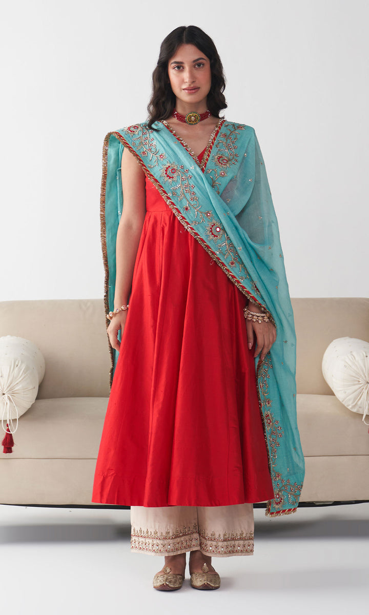 Ishq Raw Silk Red Anarkali with Beige Palazzo and Turquoise Hand Embroidered Dupatta (set of 3)