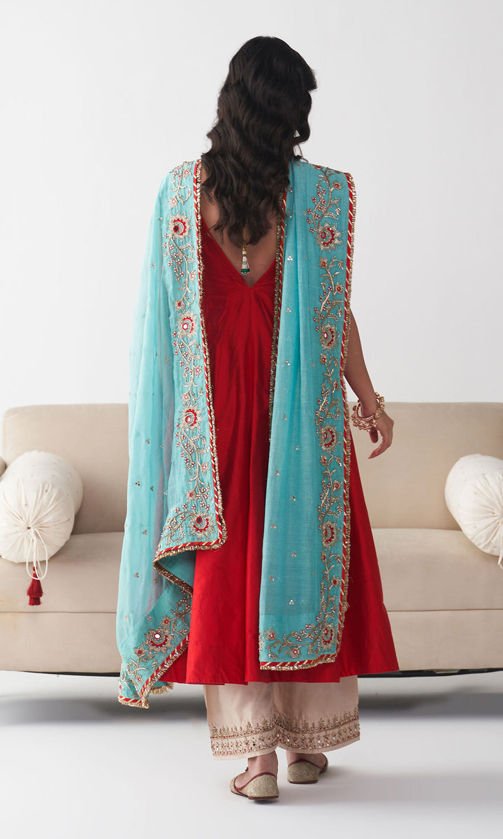 Ishq Raw Silk Red Anarkali with Beige Palazzo and Turquoise Hand Embroidered Dupatta (set of 3)