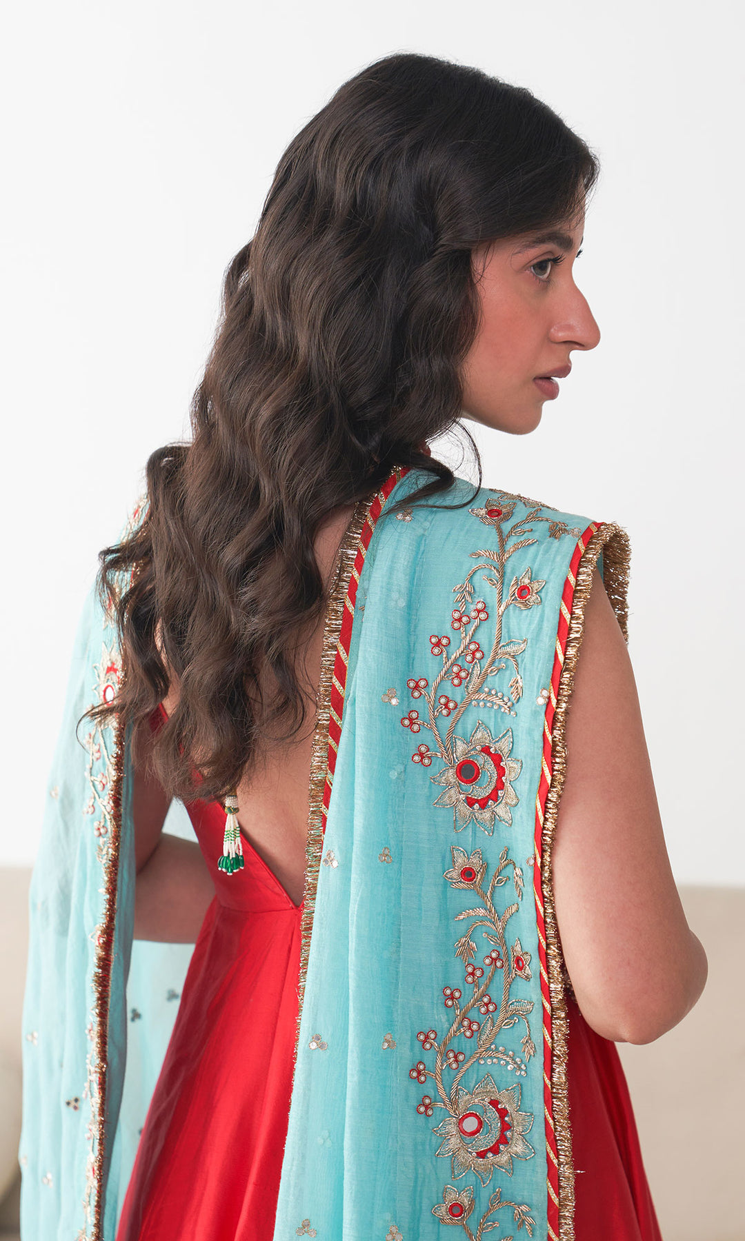 Ishq Raw Silk Red Anarkali with Beige Palazzo and Turquoise Hand Embroidered Dupatta (set of 3)