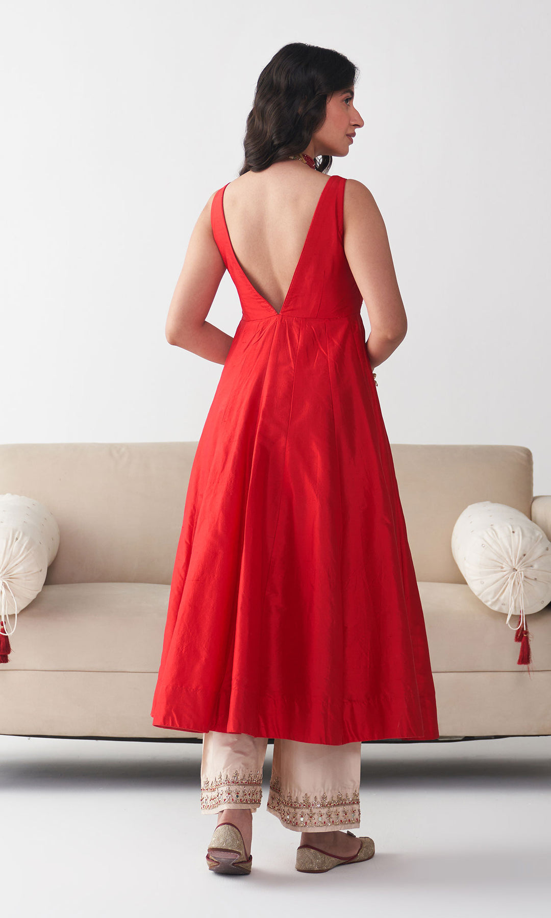 Ishq Raw Silk Red Anarkali with Beige Palazzo and Turquoise Hand Embroidered Dupatta (set of 3)