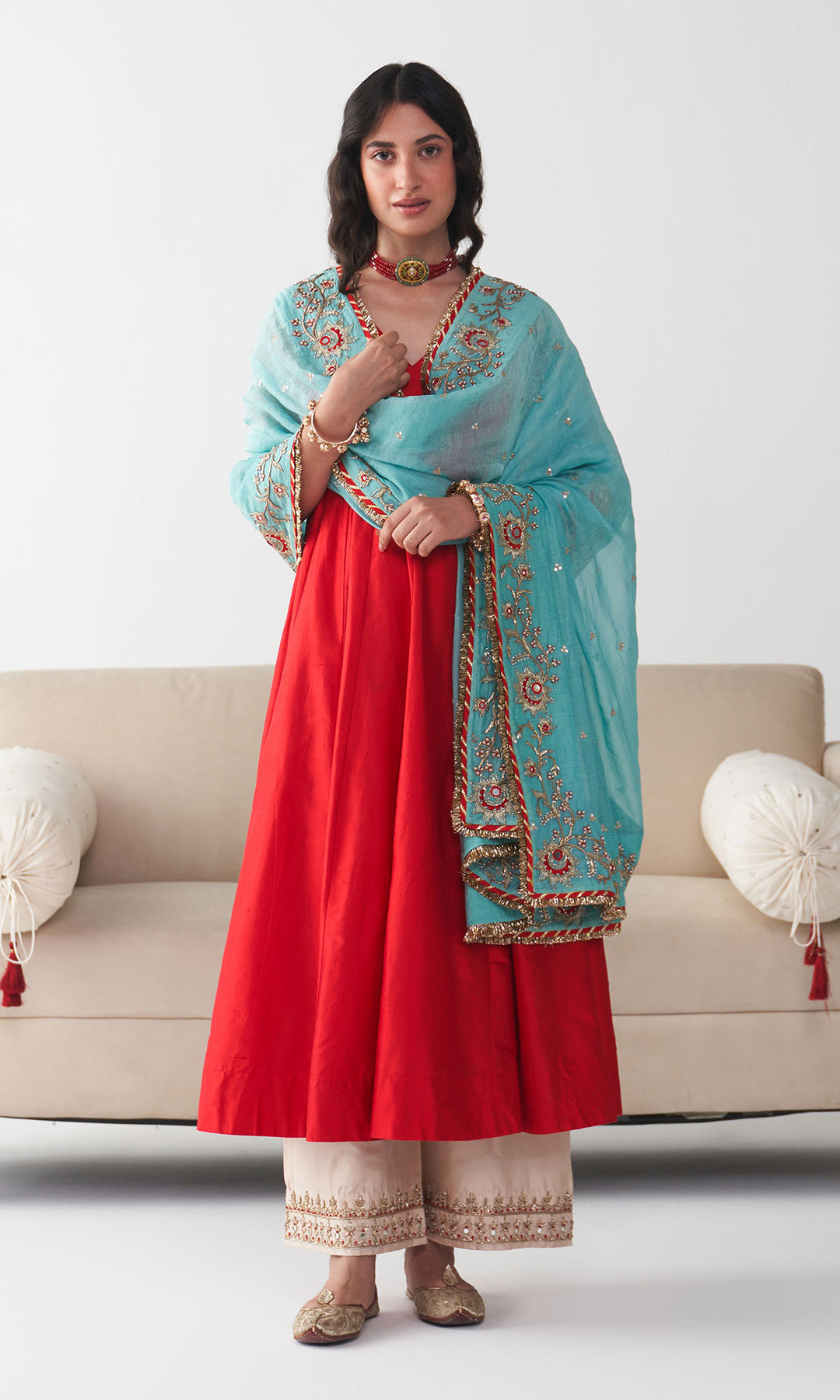 Ishq Raw Silk Red Anarkali with Beige Palazzo and Turquoise Hand Embroidered Dupatta (set of 3)