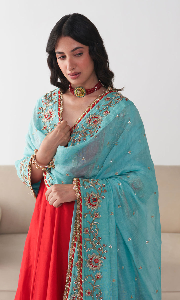 Ishq Raw Silk Red Anarkali with Beige Palazzo and Turquoise Hand Embroidered Dupatta (set of 3)