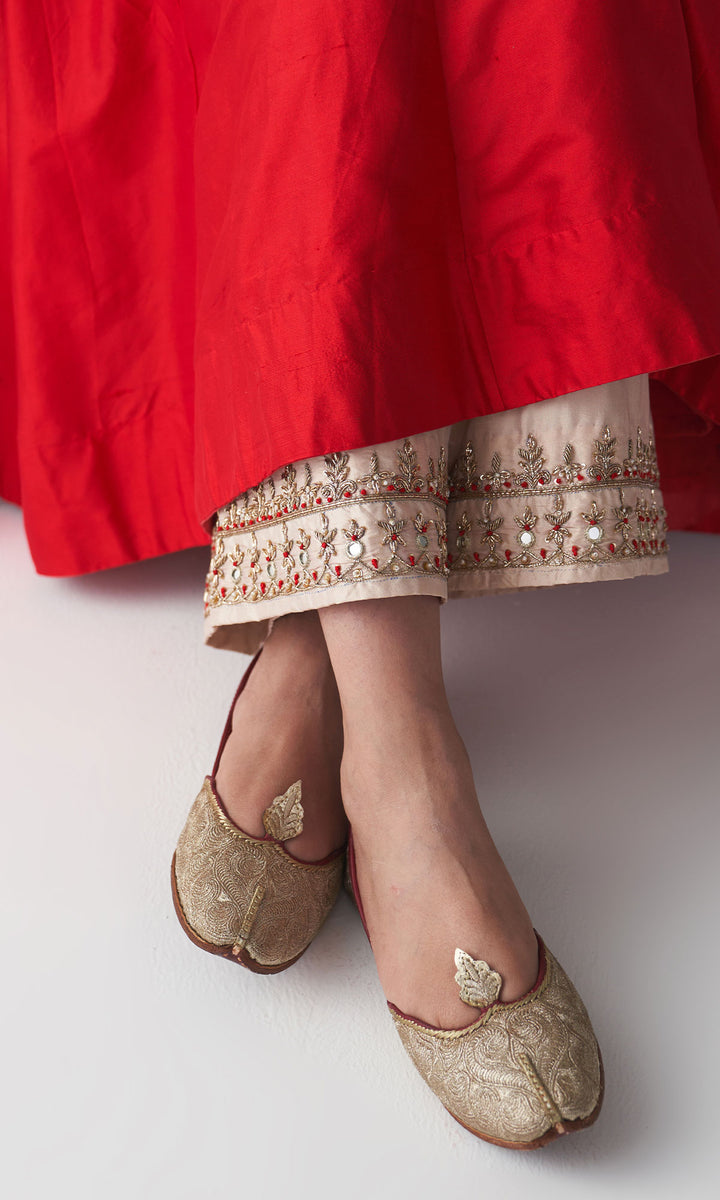 Ishq Raw Silk Red Anarkali with Beige Palazzo and Turquoise Hand Embroidered Dupatta (set of 3)