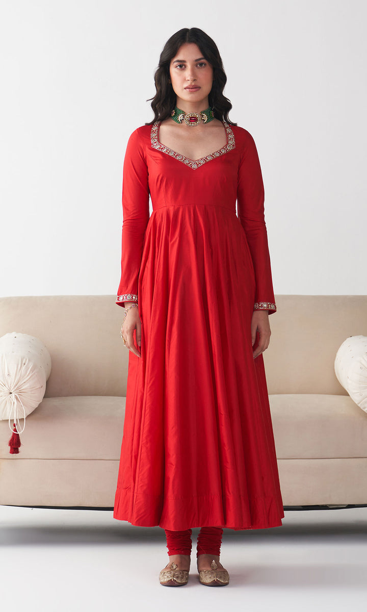 Ishq Red Silk  Anarkali with Chooridar and Off White Hand Embroidered Dupatta (set of 3)