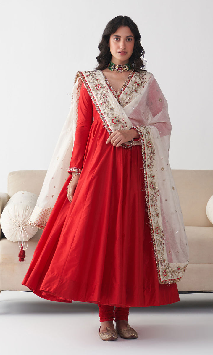 Ishq Red Silk  Anarkali with Chooridar and Off White Hand Embroidered Dupatta (set of 3)