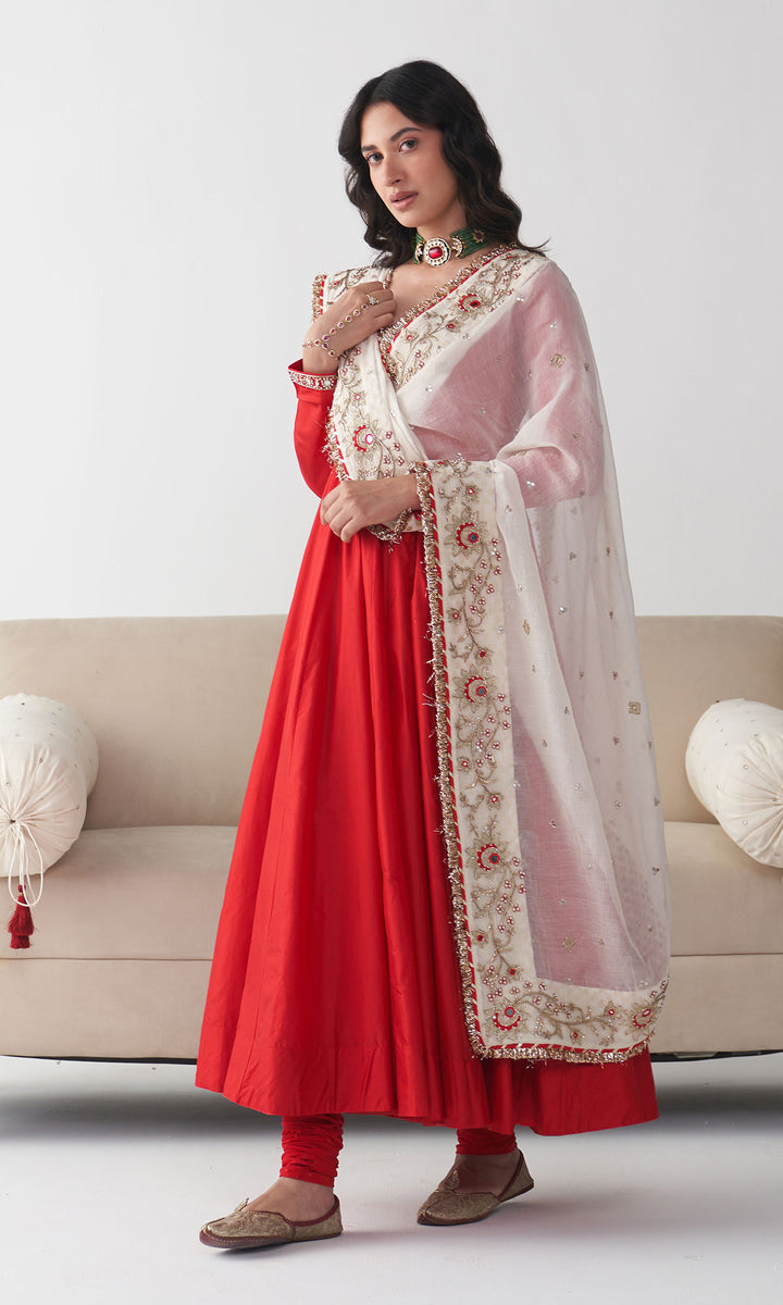 Ishq Red Silk  Anarkali with Chooridar and Off White Hand Embroidered Dupatta (set of 3)