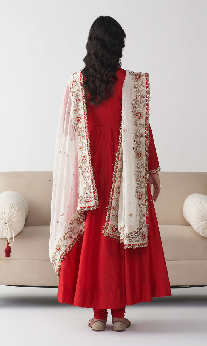 Ishq Red Silk  Anarkali with Chooridar and Off White Hand Embroidered Dupatta (set of 3)