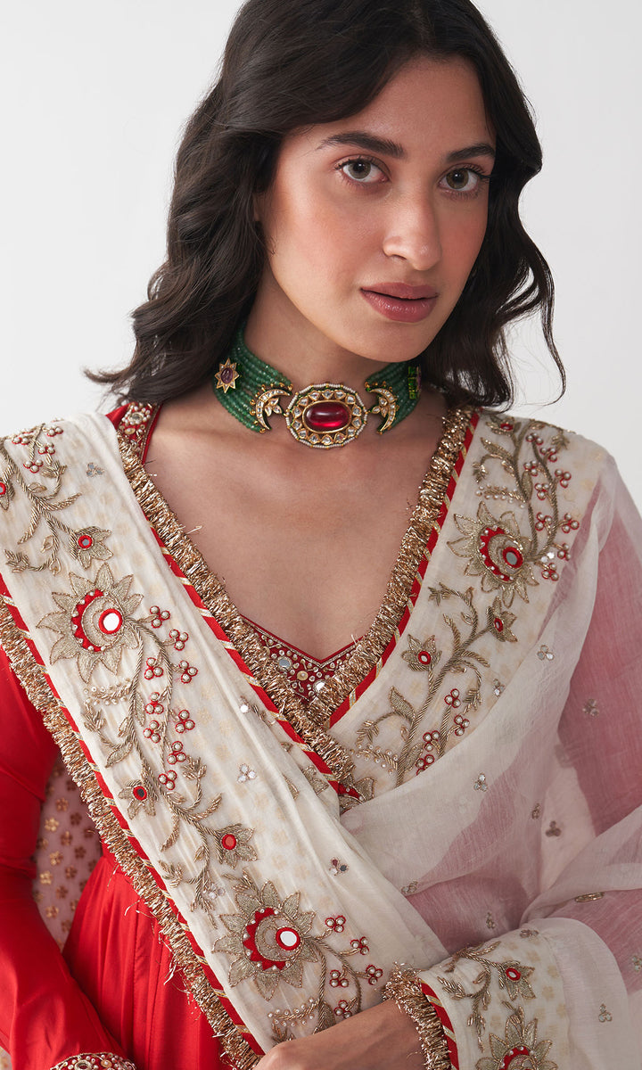 Ishq Red Silk  Anarkali with Chooridar and Off White Hand Embroidered Dupatta (set of 3)