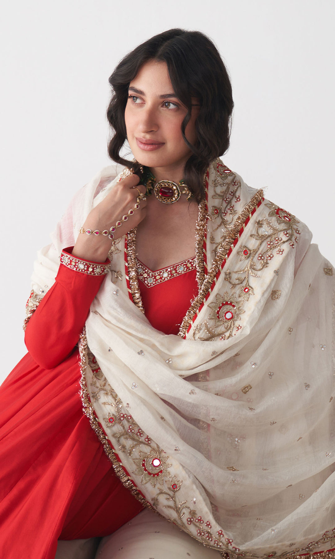 Ishq Red Silk  Anarkali with Chooridar and Off White Hand Embroidered Dupatta (set of 3)