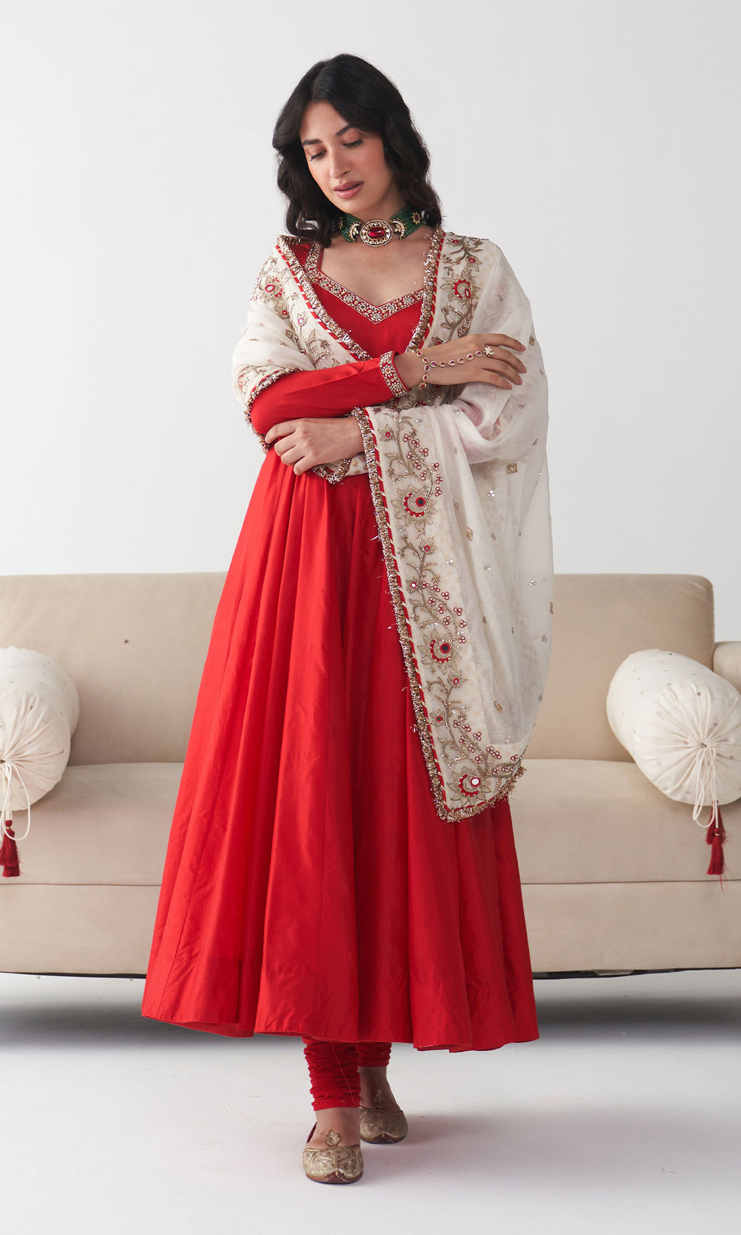 Ishq Red Silk Anarkali with Chooridar and Off White Hand Embroidered Dupatta (set of 3) L Ishq Red Silk Anarkali with Chooridar and Off White Hand Embroidered Dupatta (set of 3) L