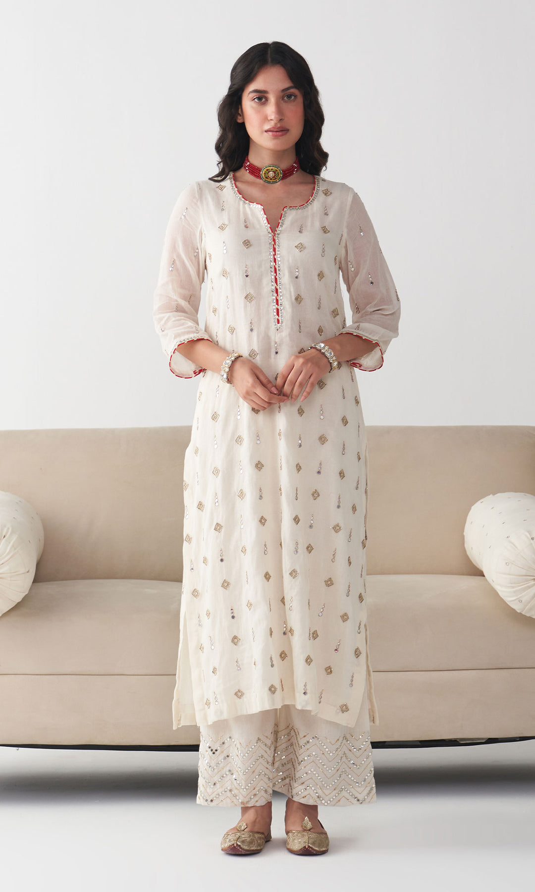 Ishq off white straight kurta with palazzo and dupatta ( set of 3)