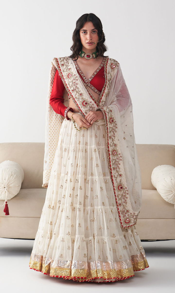 Ishq Off White Tiered Lehenga with Embroidered Red Blouse and Dupatta( Set of 3)