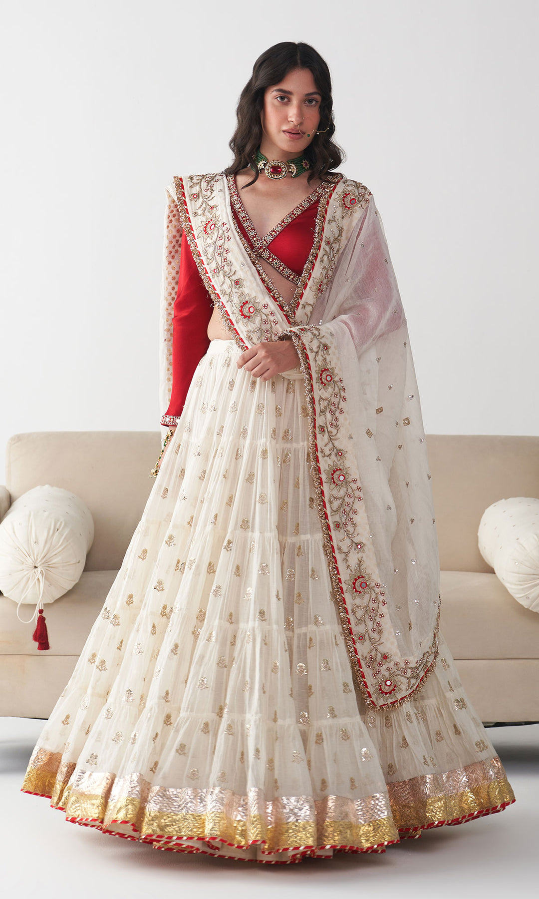 Ishq Off White Tiered Lehenga with Embroidered Red Blouse and Dupatta( Set of 3)