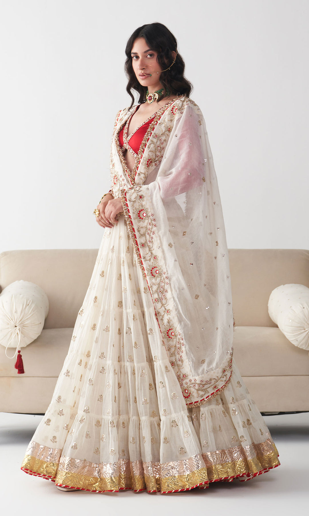 Ishq Off White Tiered Lehenga with Embroidered Red Blouse and Dupatta( Set of 3)