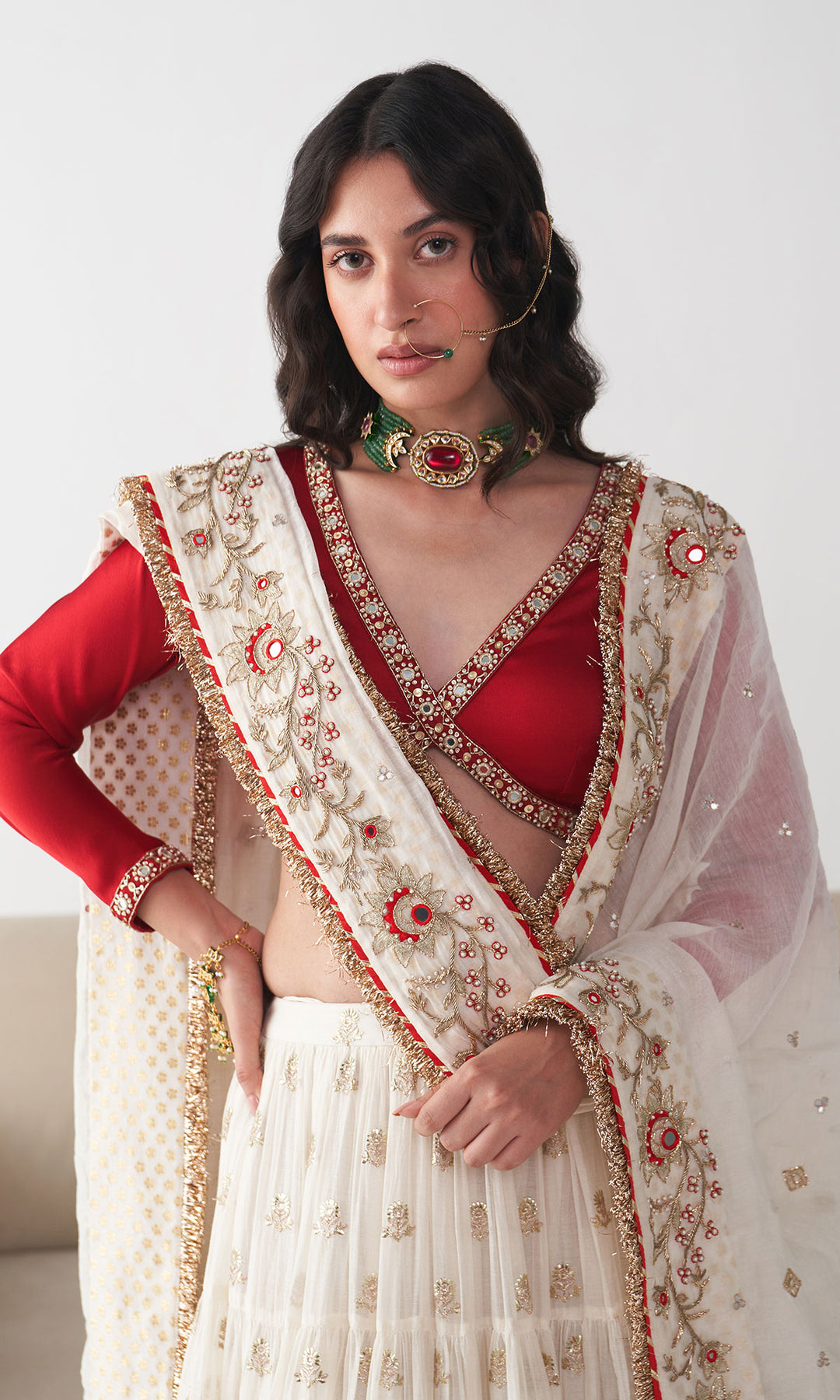 Ishq Off White Tiered Lehenga with Embroidered Red Blouse and Dupatta( Set of 3)