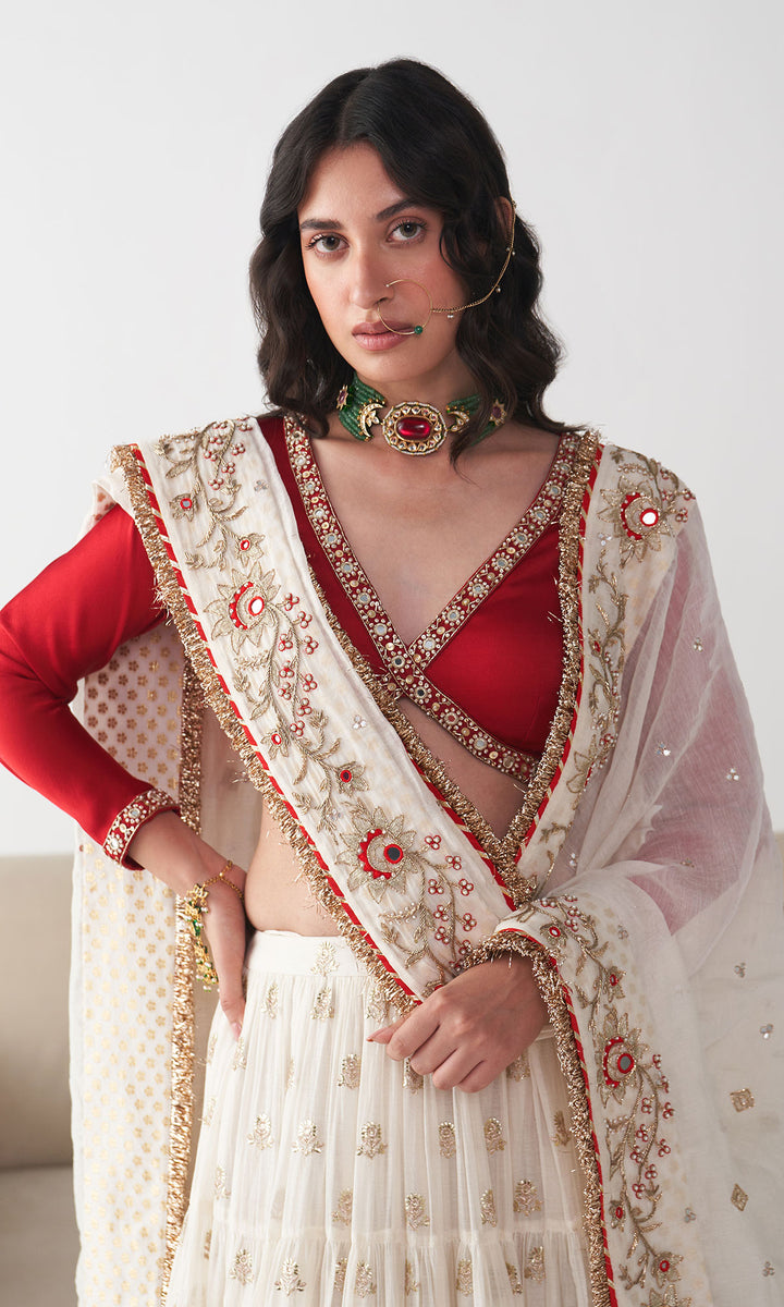 Ishq Off White Tiered Lehenga with Embroidered Red Blouse and Dupatta( Set of 3)
