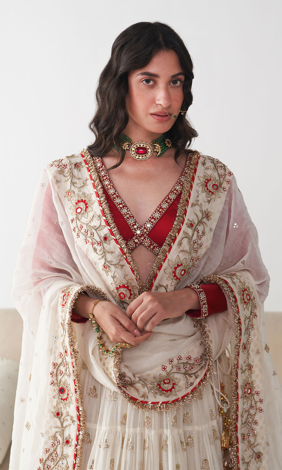 Ishq Off White Tiered Lehenga with Embroidered Red Blouse and Dupatta( Set of 3)