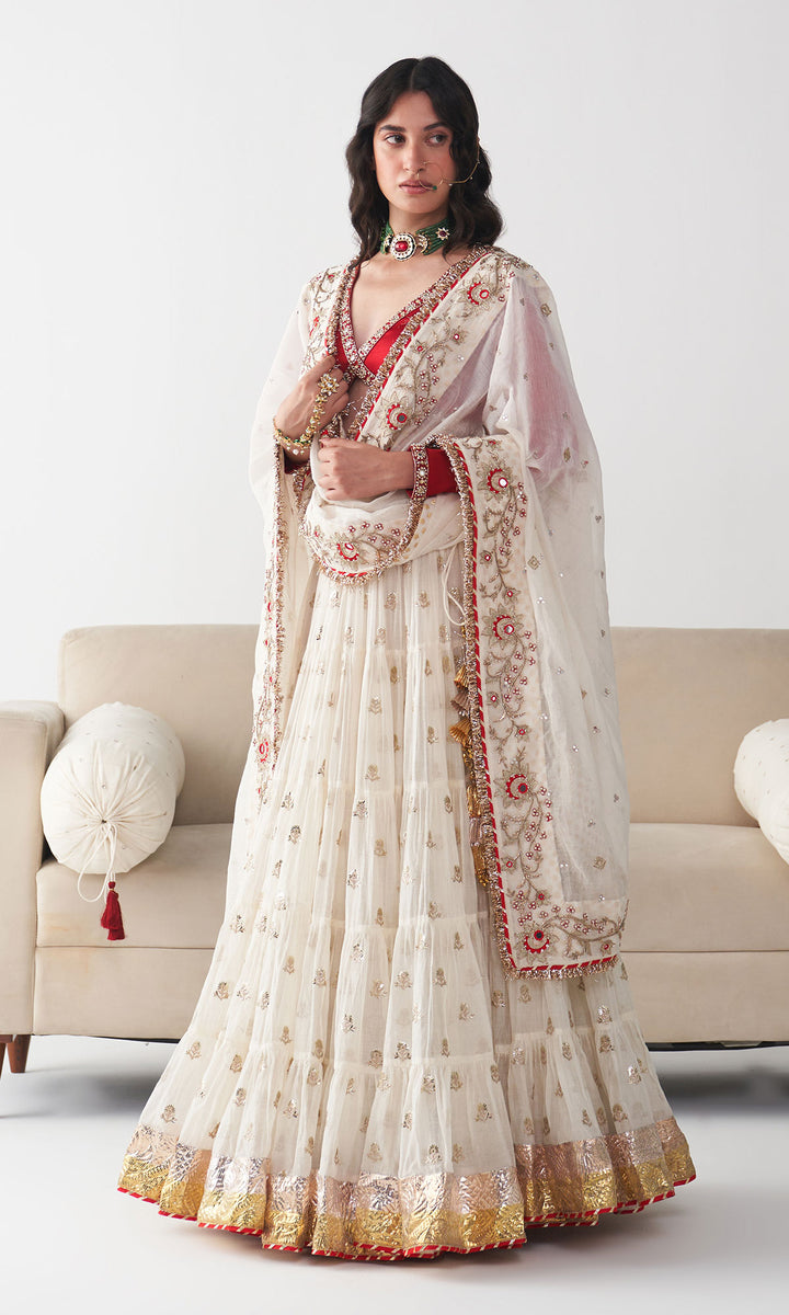 Ishq Off White Tiered Lehenga with Embroidered Red Blouse and Dupatta( Set of 3)