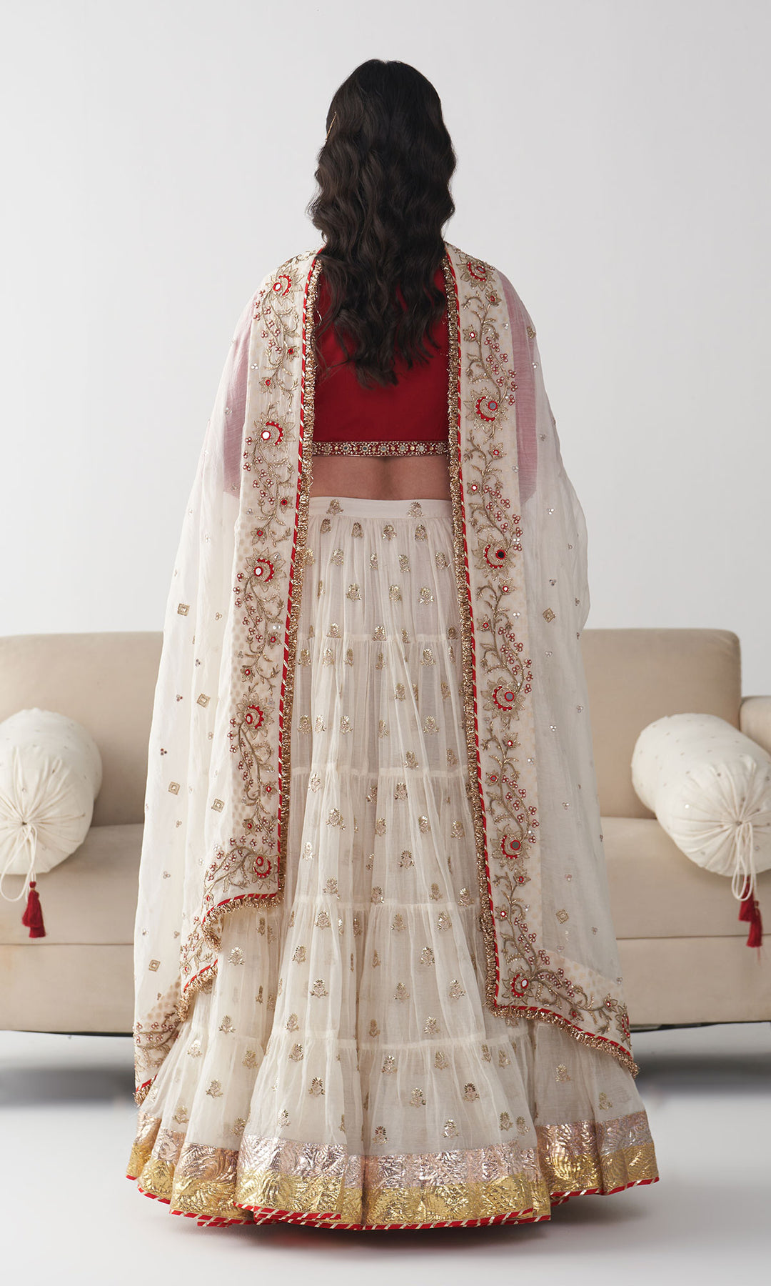 Ishq Off White Tiered Lehenga with Embroidered Red Blouse and Dupatta( Set of 3)