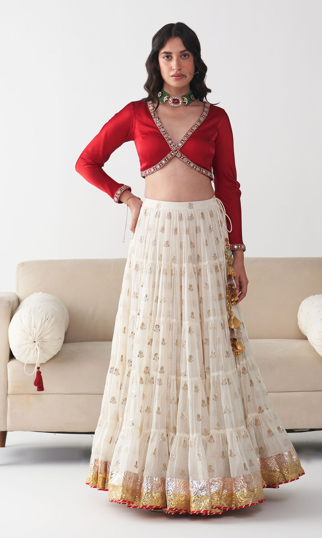 Ishq Off White Tiered Lehenga with Embroidered Red Blouse and Dupatta( Set of 3)