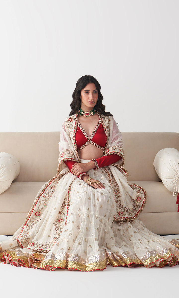 Ishq Off White Tiered Lehenga with Embroidered Red Blouse and Dupatta( Set of 3)