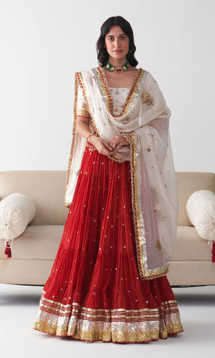 Ishq Red Tiered Lehenga with Embroidered Blouse and Dupatta (set of 3)