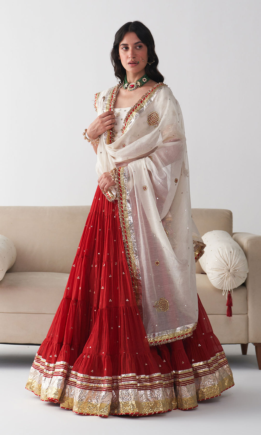 Ishq Red Tiered Lehenga with Embroidered Blouse and Dupatta (set of 3)