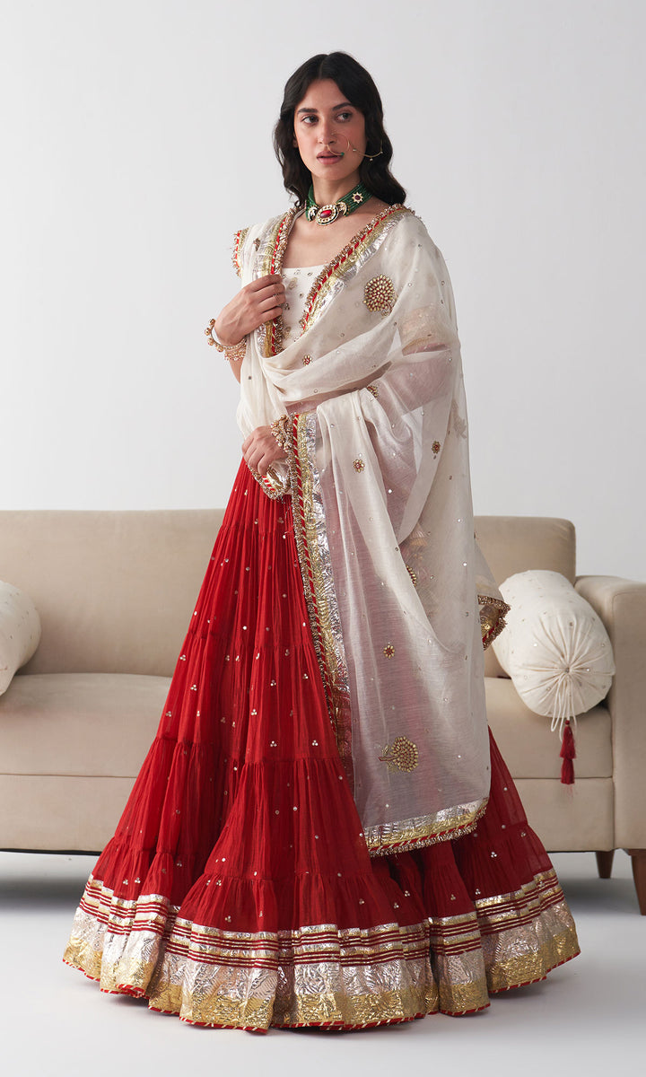Ishq Red Tiered Lehenga with Embroidered Blouse and Dupatta (set of 3)