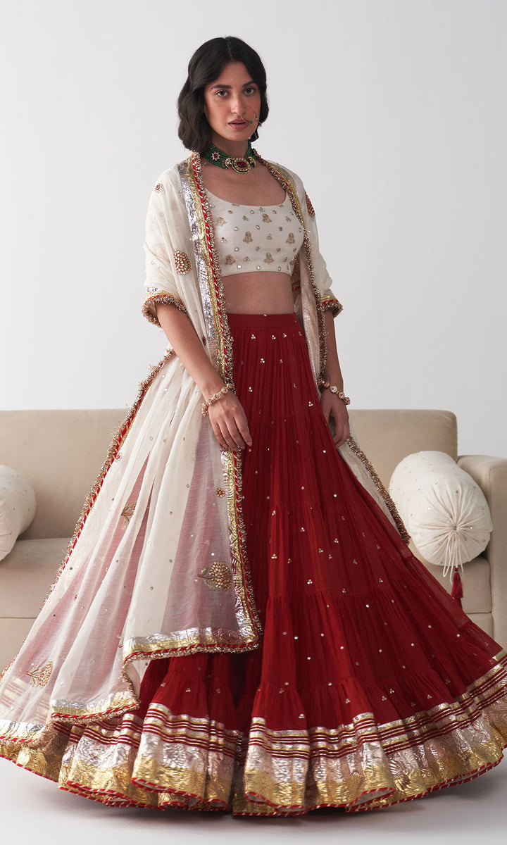 Ishq Red Tiered Lehenga with Embroidered Blouse and Dupatta (set of 3)
