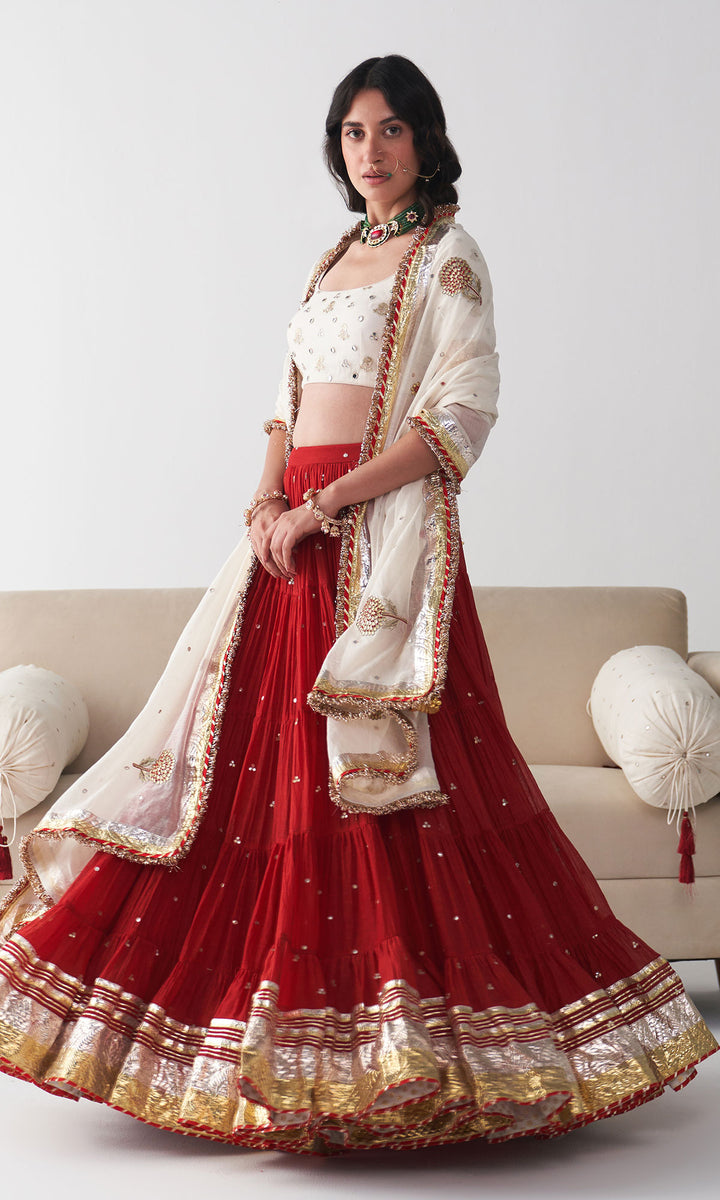 Ishq Red Tiered Lehenga with Embroidered Blouse and Dupatta (set of 3)