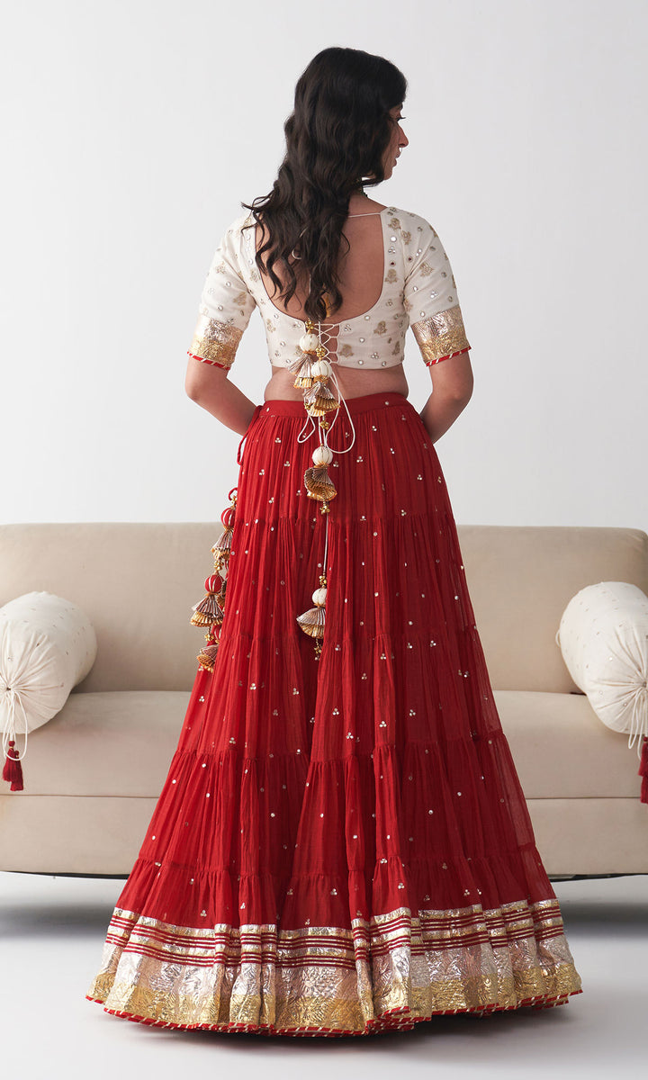Ishq Red Tiered Lehenga with Embroidered Blouse and Dupatta (set of 3)